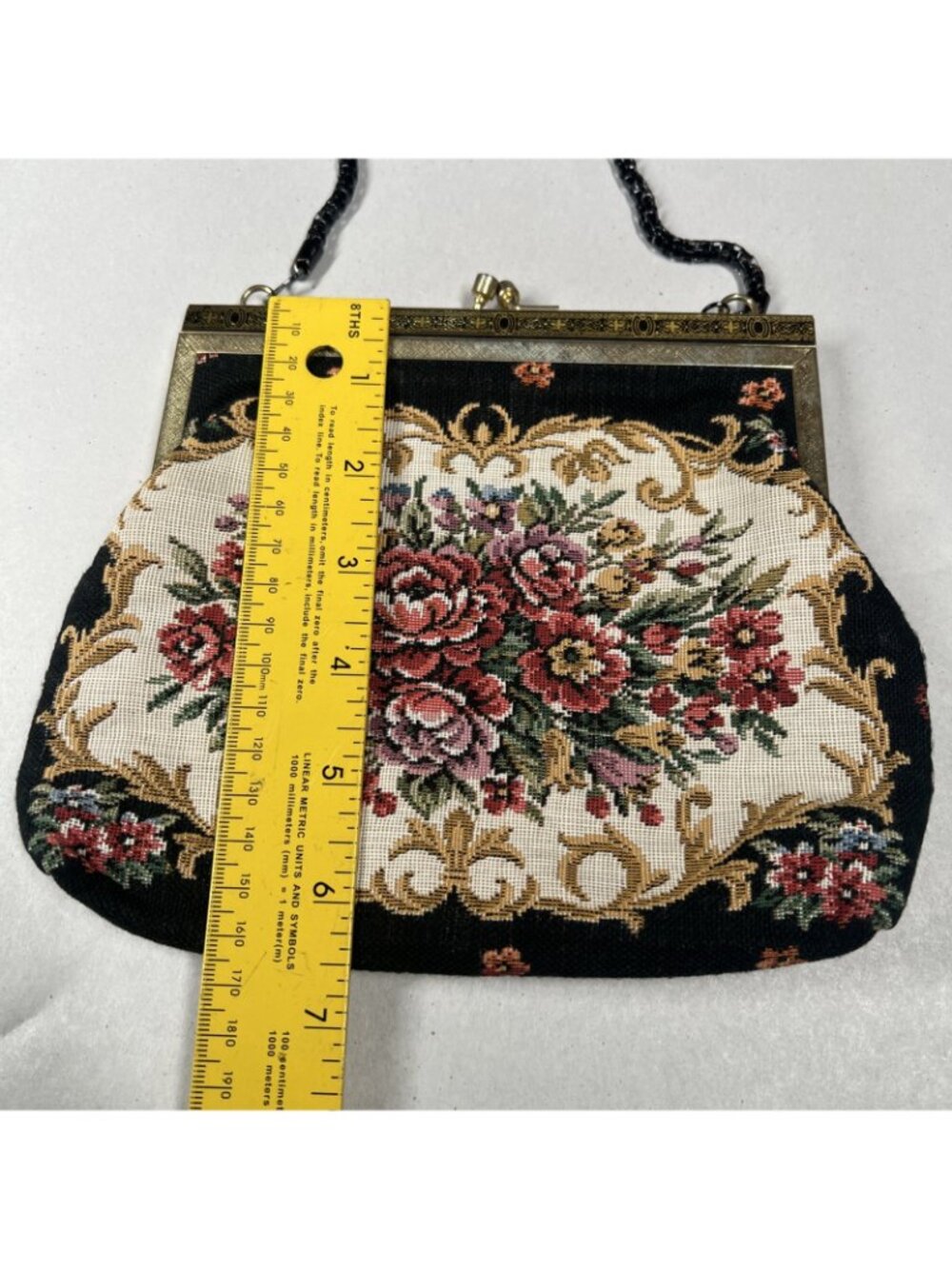 Vintage Floral Needlepoint Tapestry Evening Bag Black Chain Purse AS IS - Picture 9 of 13